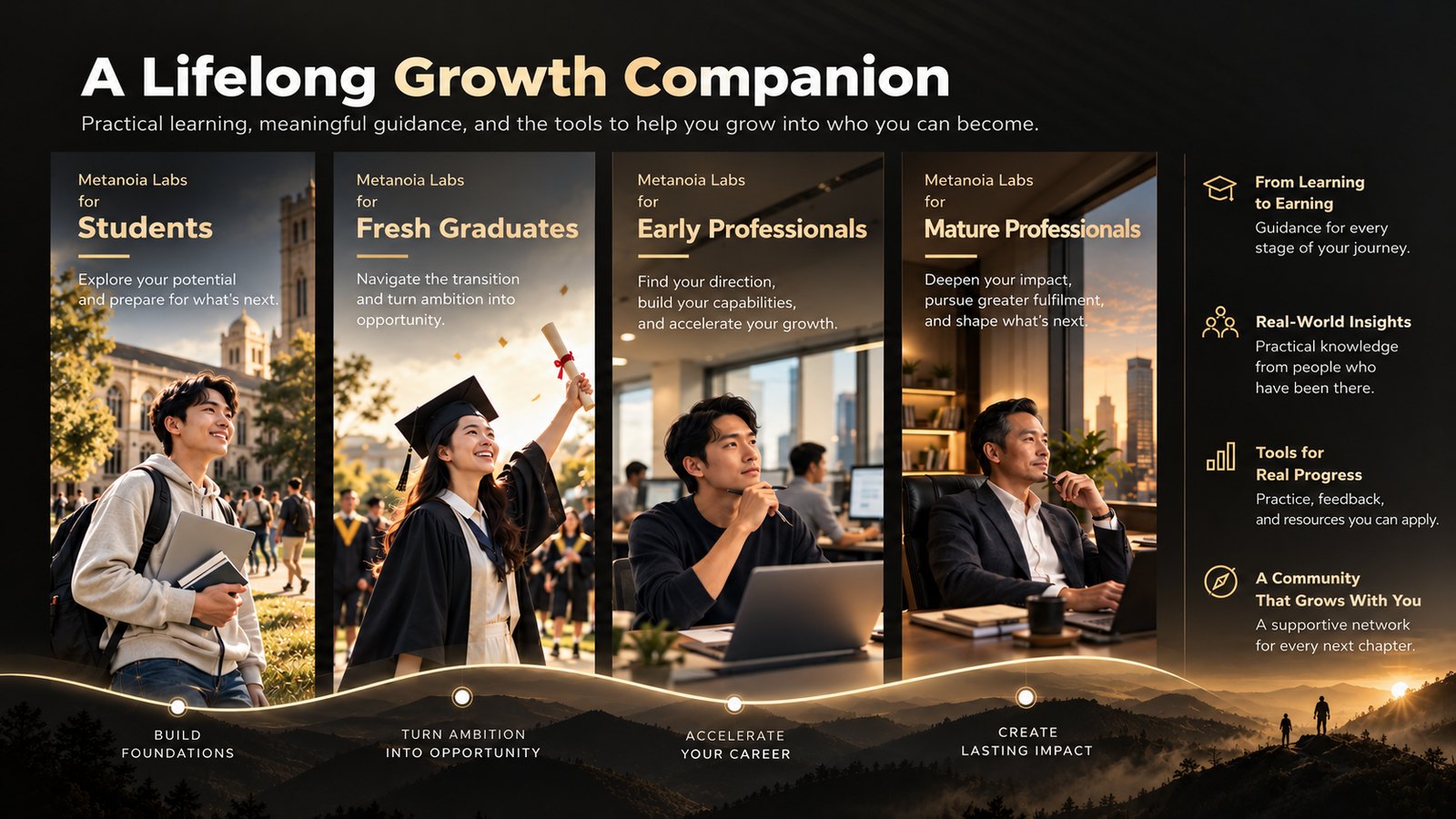 A Lifelong Growth Companion, Metanoia Labs for Students, Fresh Graduates, Early Professionals and Mature Professionals, with four promises: from learning to earning, real-world insights, tools for real progress, a community that grows with you