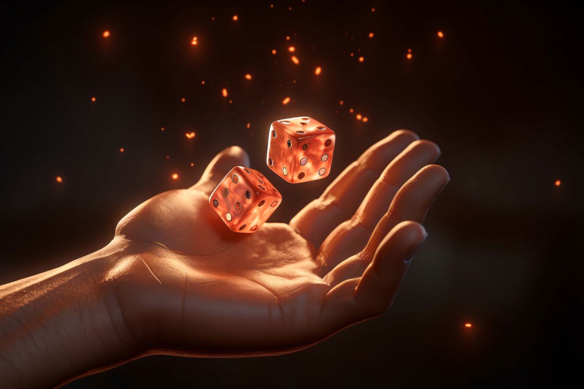 Glowing dice rising from an open hand: the outcome no longer left to chance