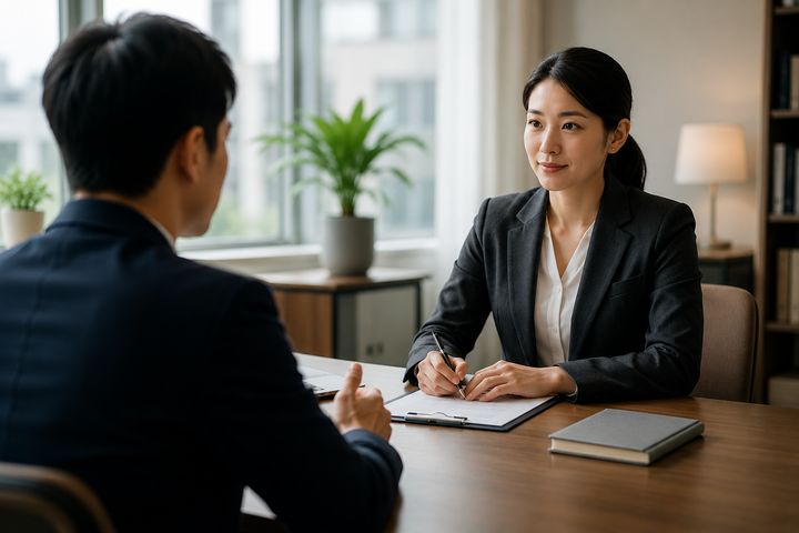 A professional interview between two people at a desk